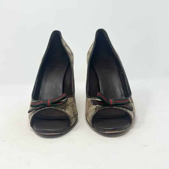 Gucci Monogram Guccissima Supreme Canvas Web Bow Sandals Heels Pumps Size 8.5B - Picture 10 of 10